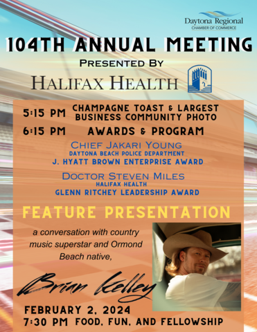 Daytona Regional Chamber Announces Brian Kelley as Special Guest for the 104th Annual Meeting